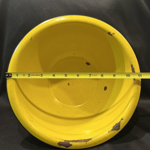 Antique Large Metal Enamel Mixing Bowl Canary Yellow with a Black Rim 11” X 4” - Picture 8 of 11
